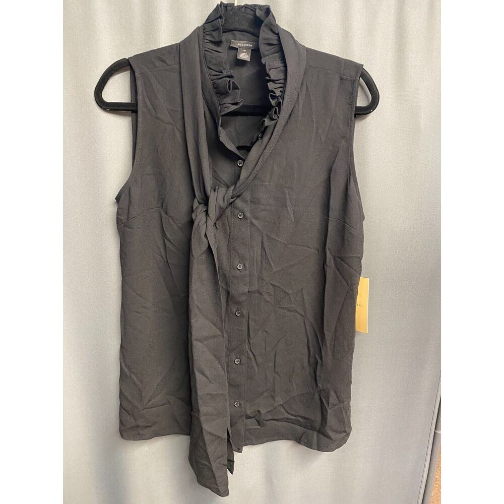 Halogen Blouse Top Womens Medium Gray Sleeveless Knot & Button Front Ruffle B61